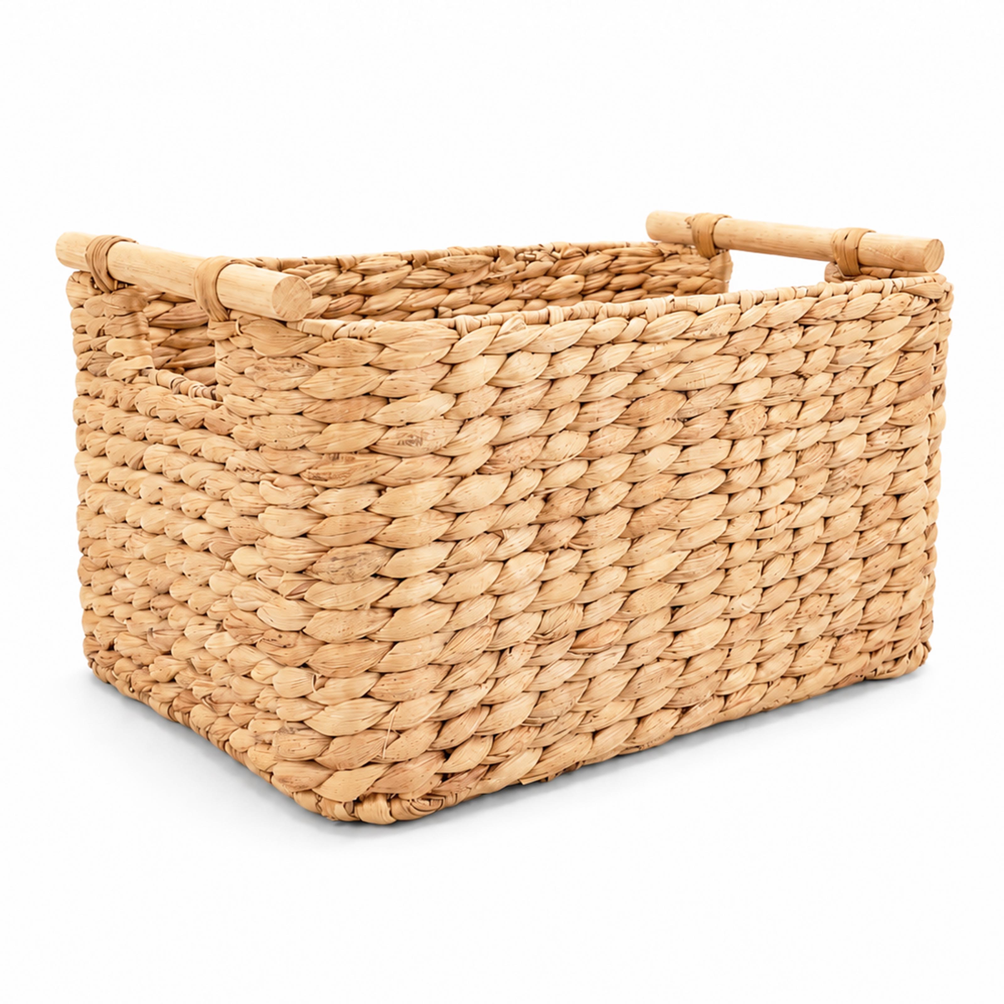 Woven water hyacinth basket with wooden handles
