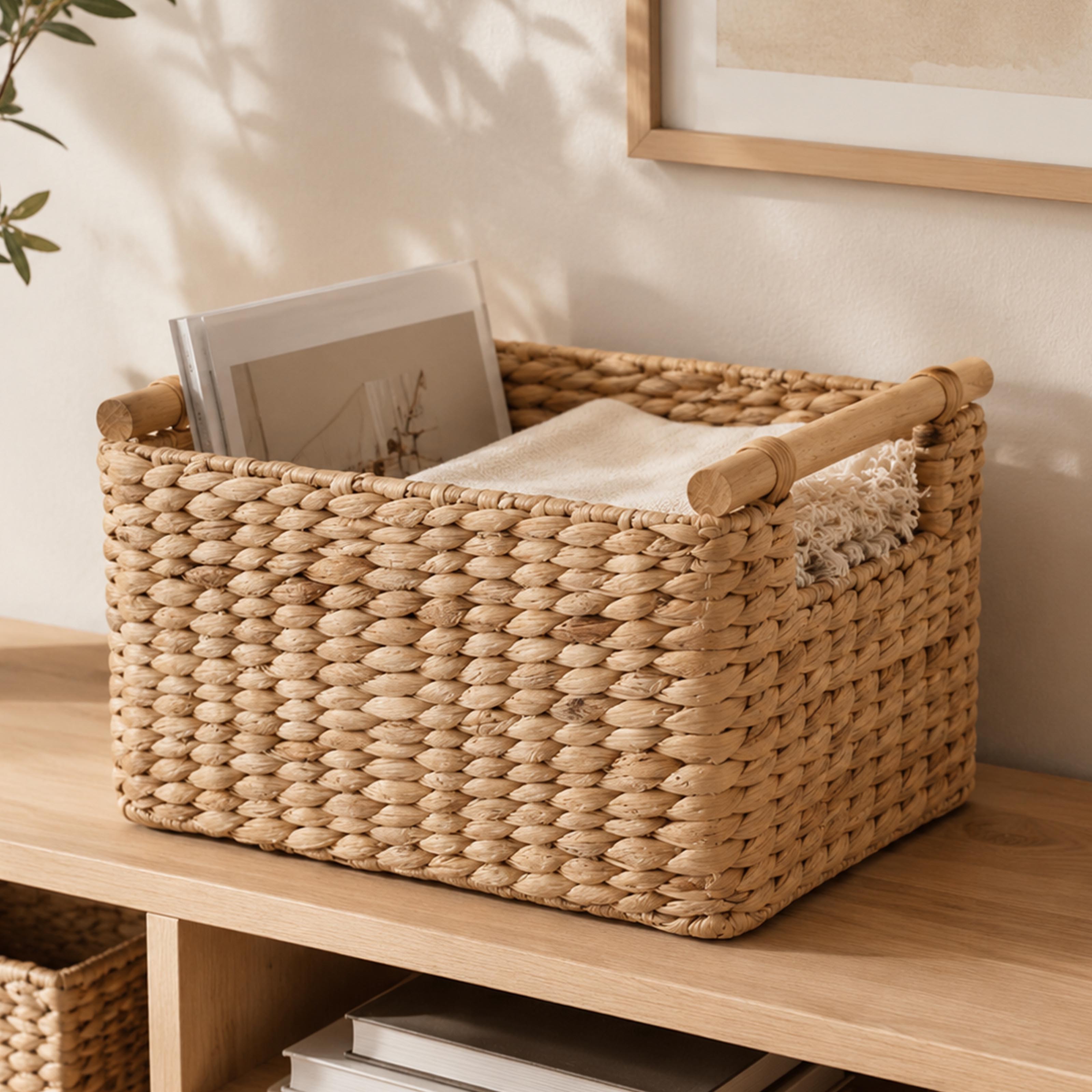 Woven water hyacinth basket with wooden handles