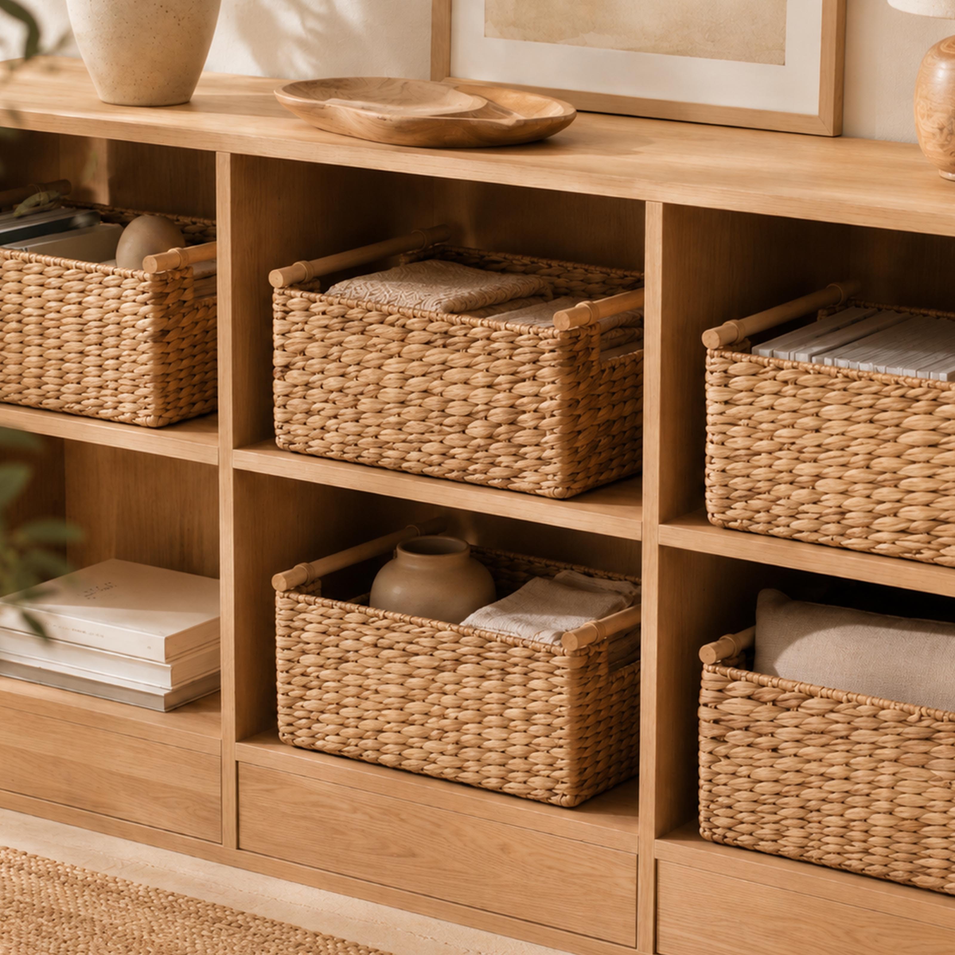 Woven water hyacinth basket with wooden handles