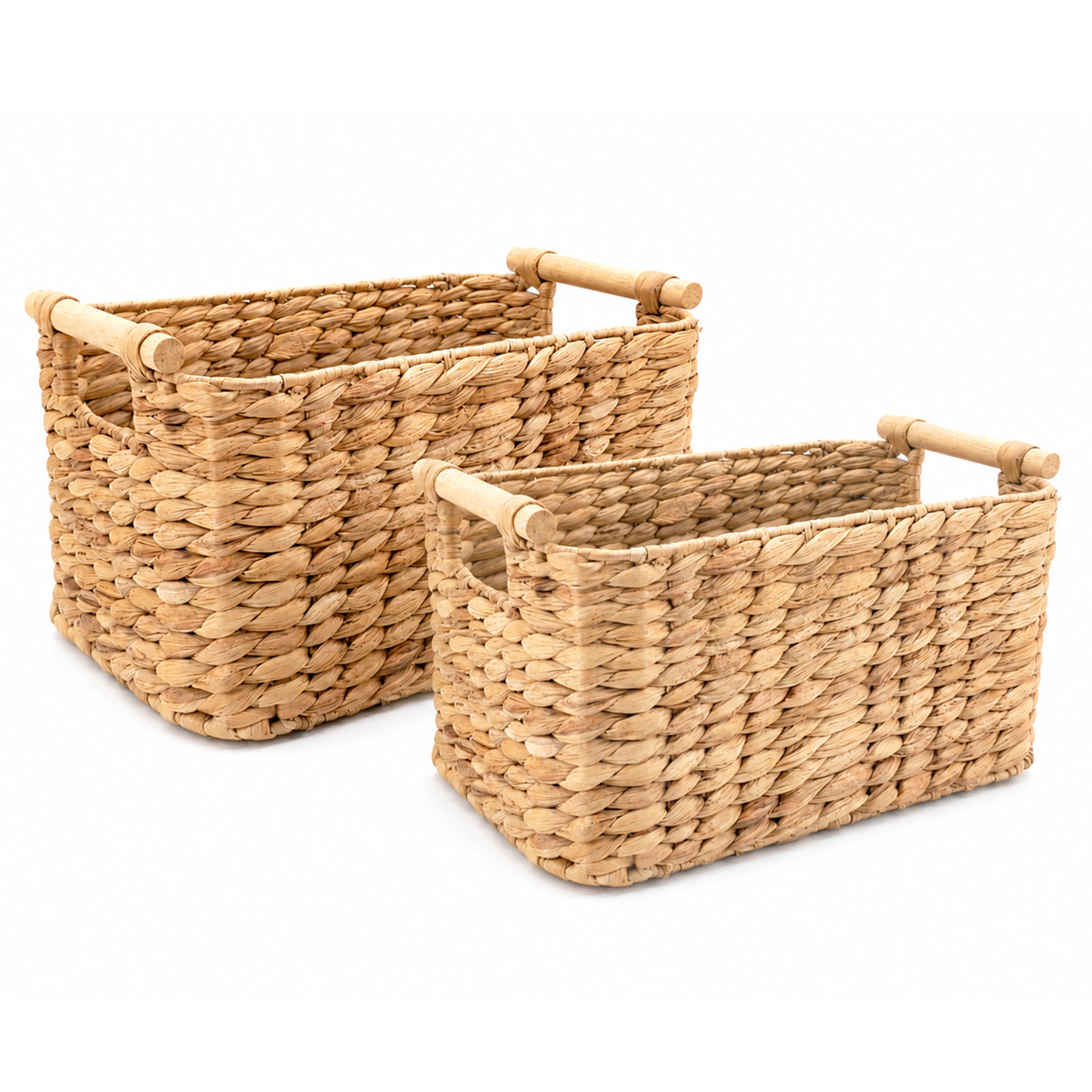 Woven water hyacinth basket with wooden handles