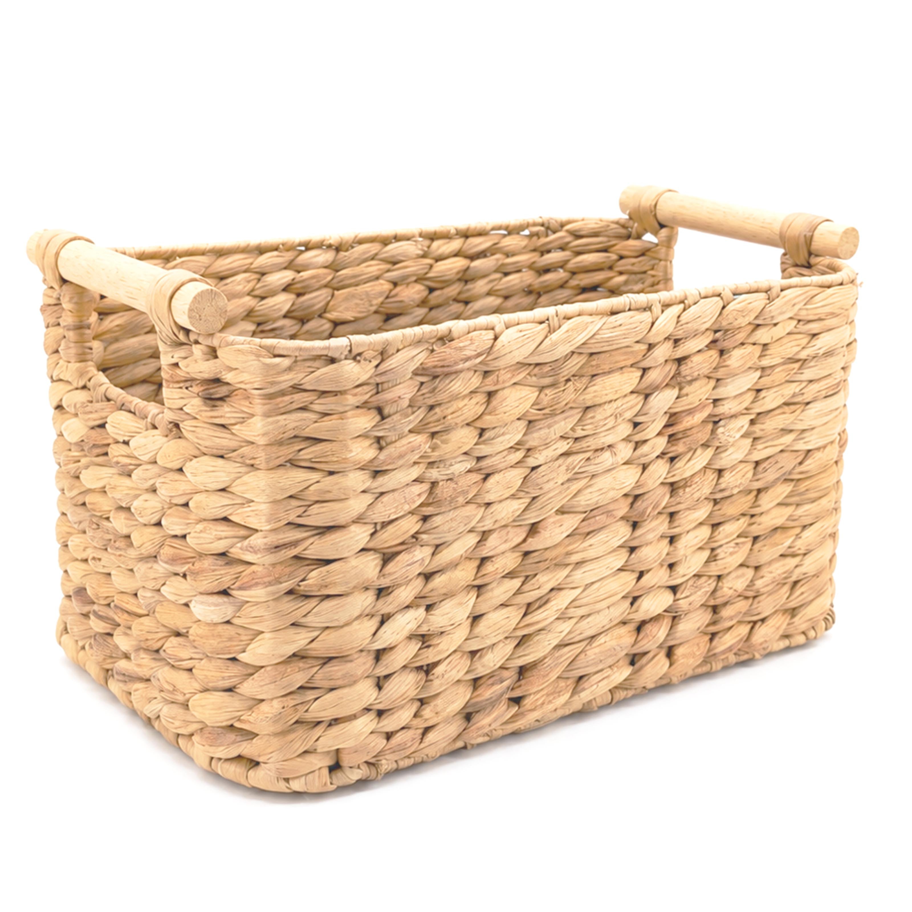 Woven water hyacinth basket with wooden handles