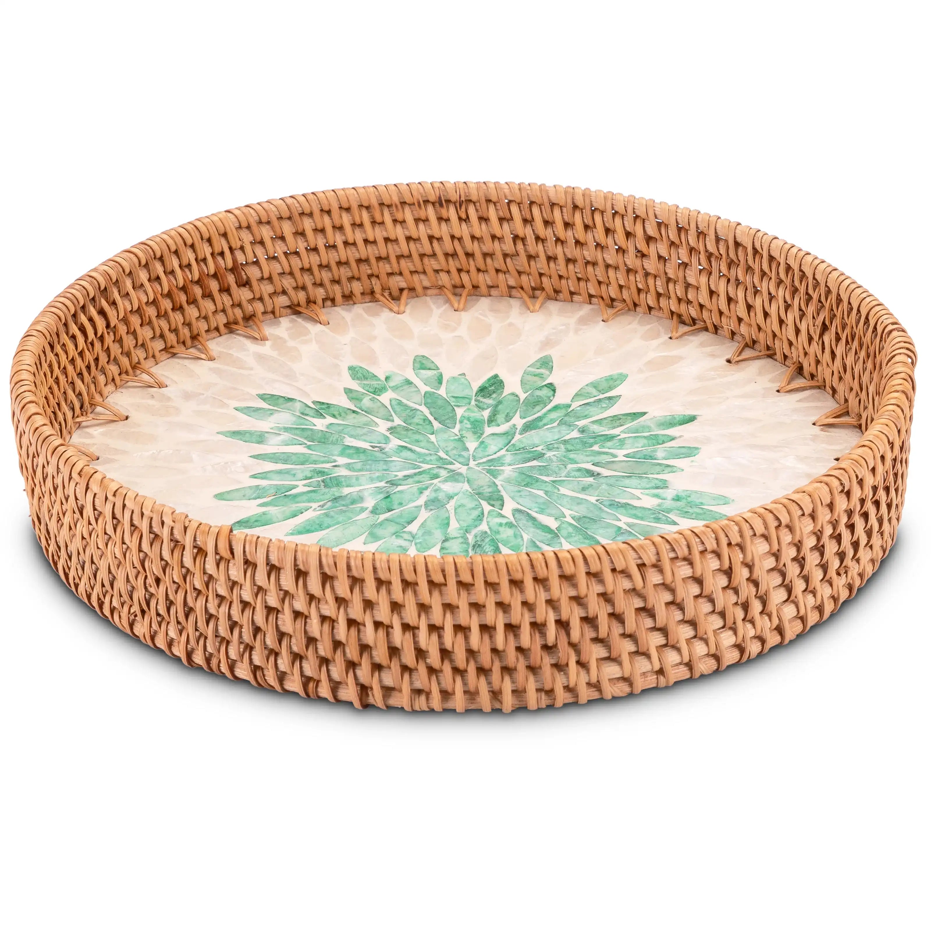 Decorasian Vintage Tablett aus Rattan mit Muschel Mosaik – Dekotablett und Serviertablett mit Griff im Boho Stil - Durchmesser 30cm + 25cm