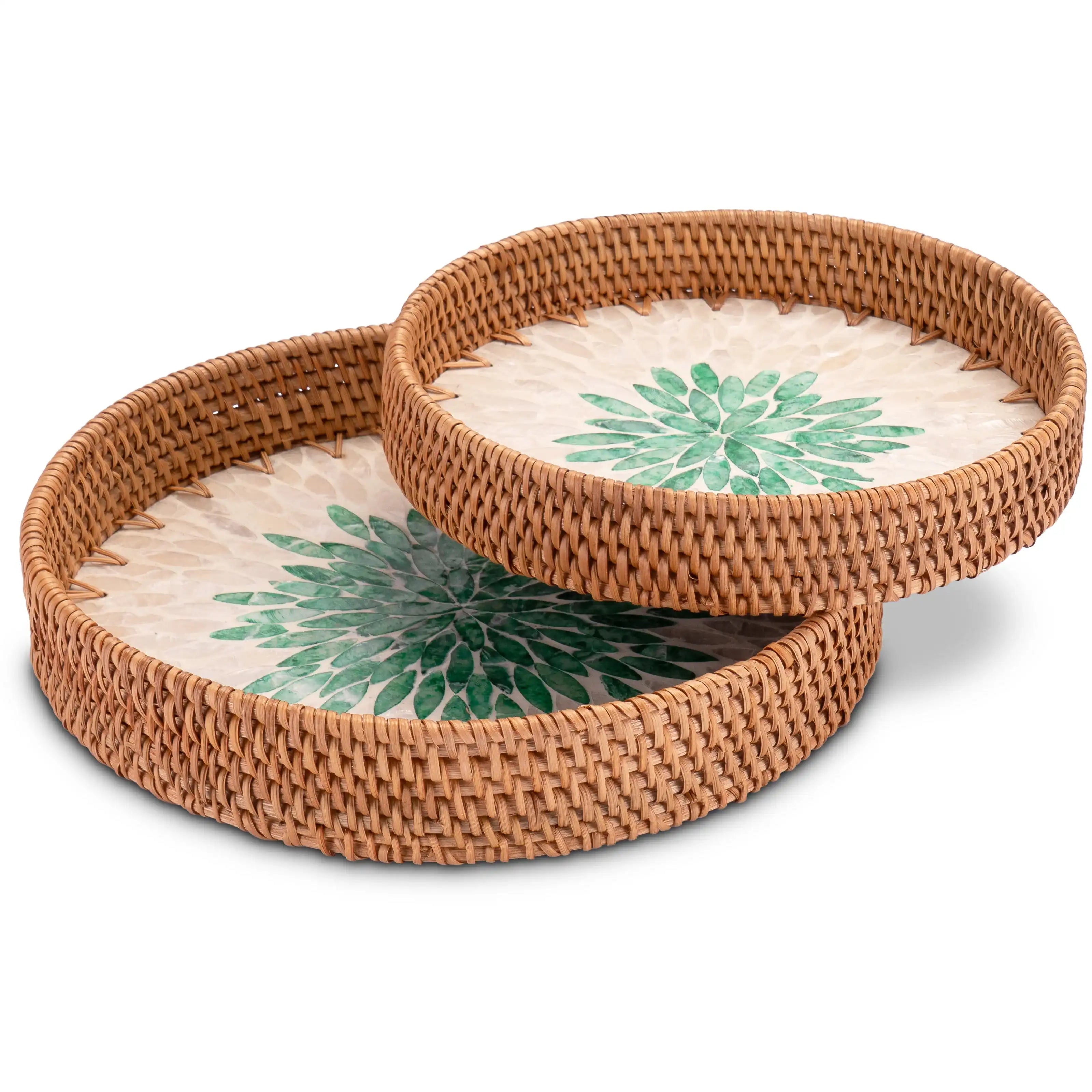 Decorasian Vintage Tablett aus Rattan mit Muschel Mosaik – Dekotablett und Serviertablett mit Griff im Boho Stil - Durchmesser 30cm + 25cm