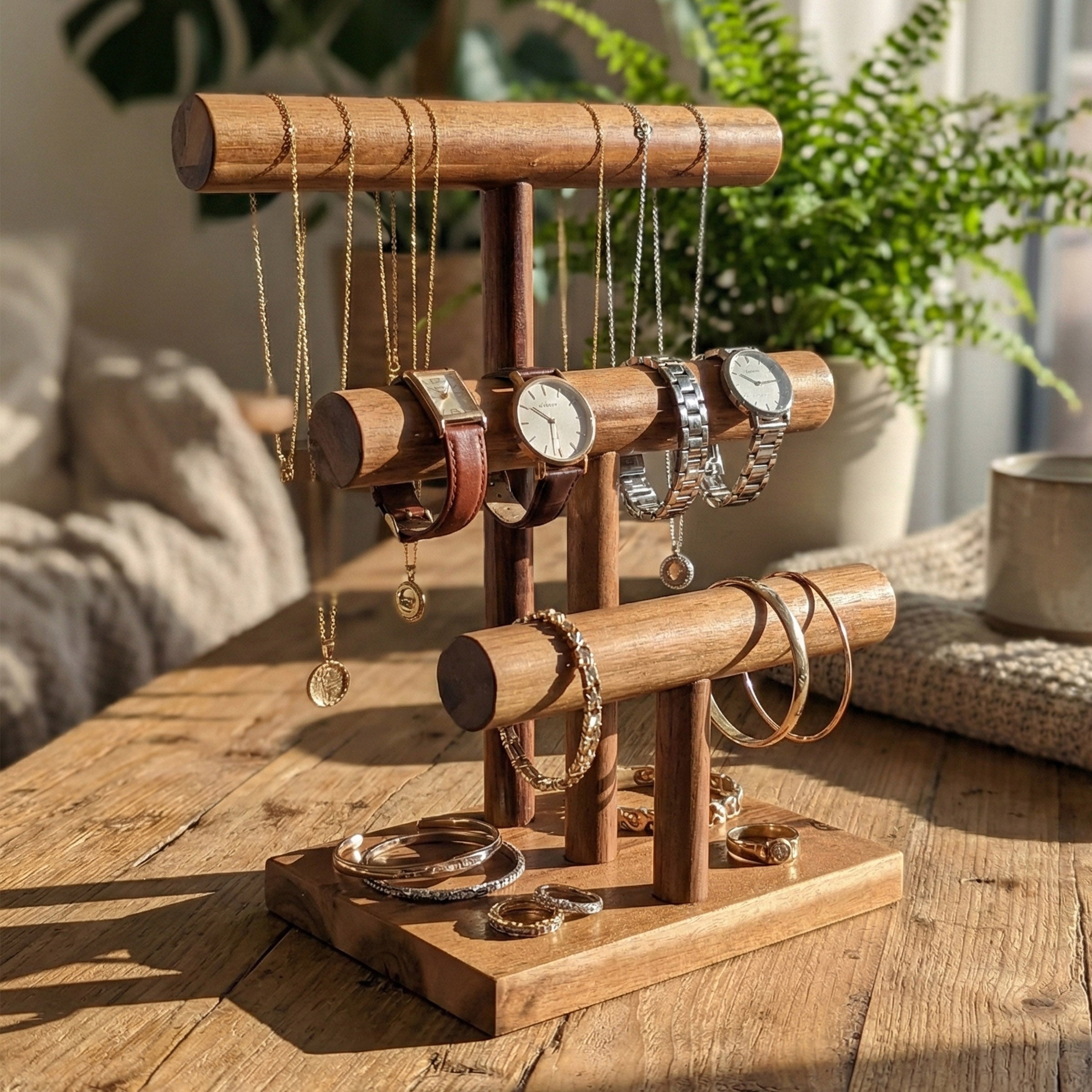 Massiver Akazienholz Schmuckständer: 3 Etagen Organizer für Uhren und Armbänder