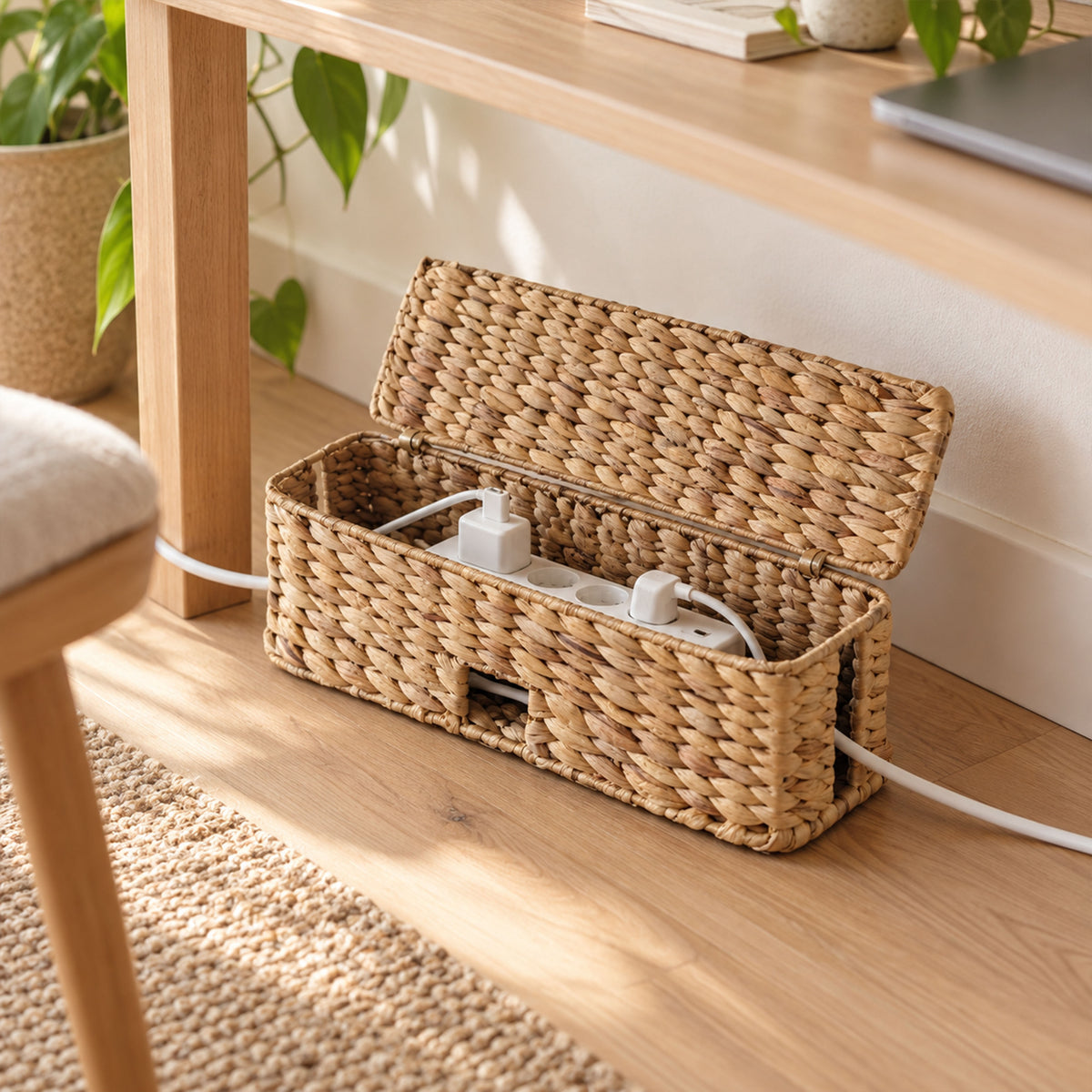 Kabelbox aus Wasserhyazinthe mit Klappdeckel – Kabel-Organizer