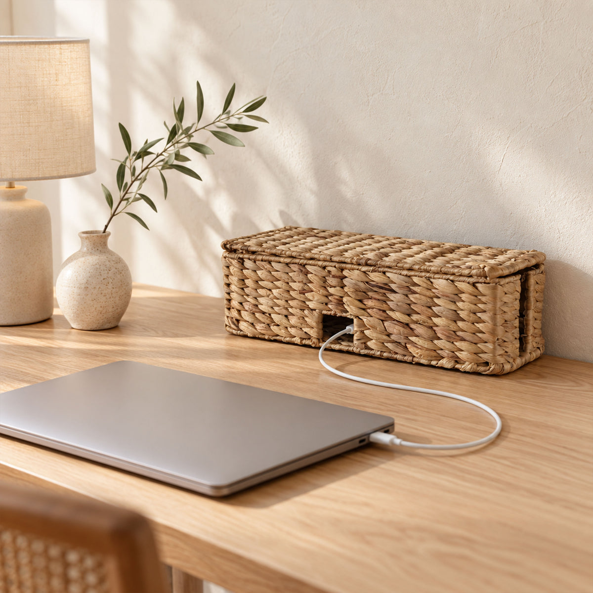 Kabelbox aus Wasserhyazinthe mit Klappdeckel – Kabel-Organizer