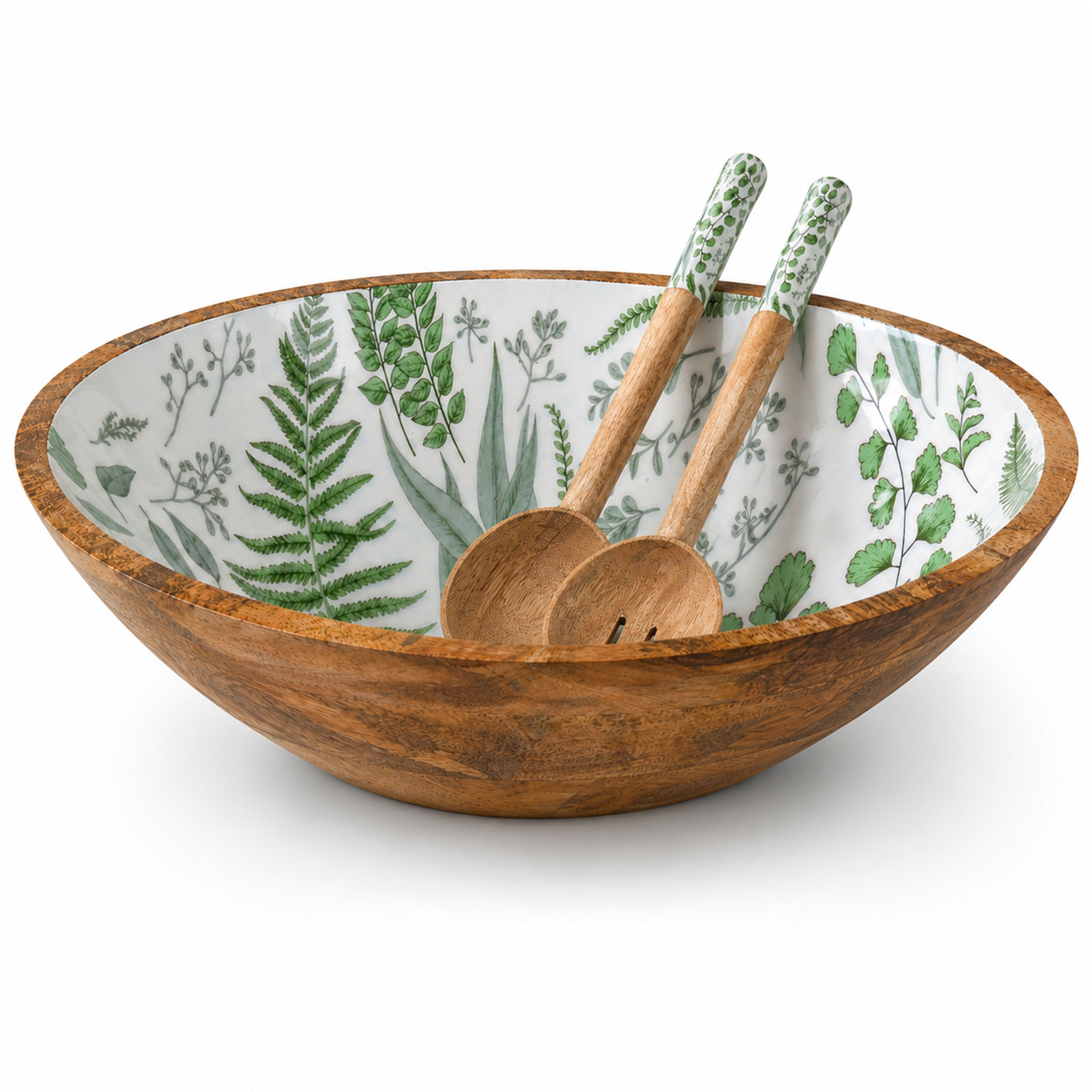 Mangoholz Schale mit Emaille-Muster für Salate & Dekoration - Blätter