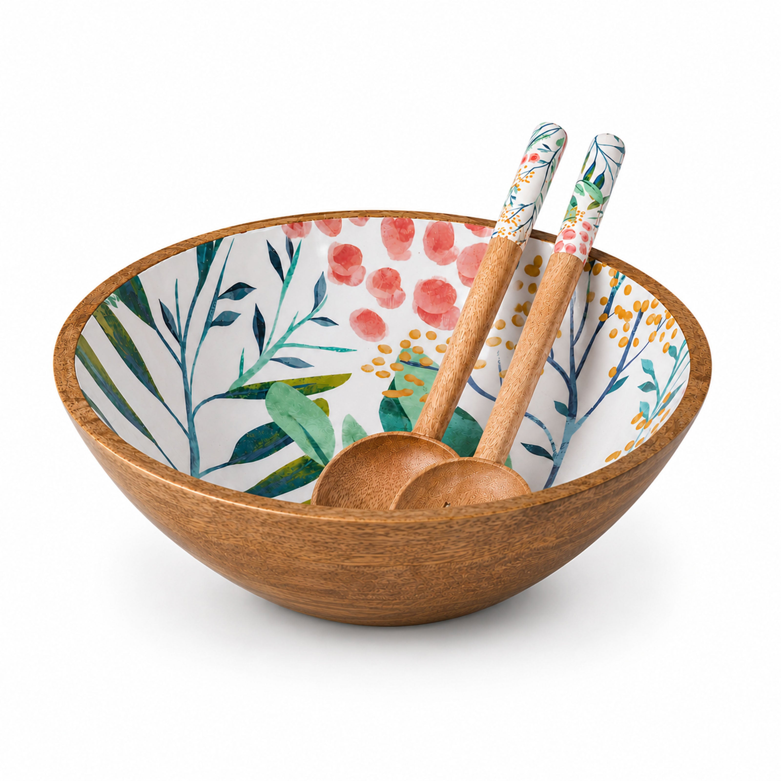 Mangoholz Schale mit Emaille-Muster für Salate & Dekoration - Blumenmuster