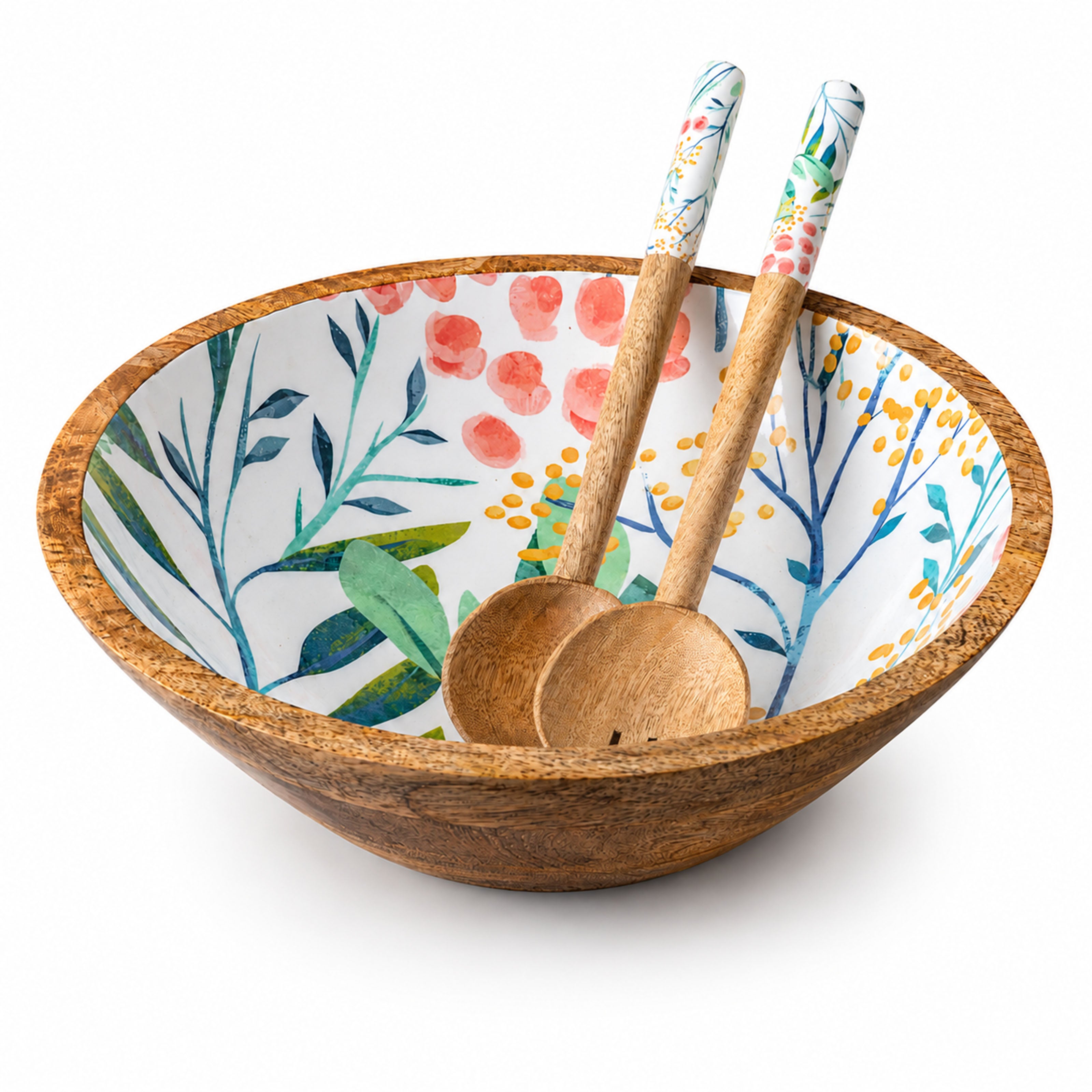 Mangoholz Schale mit Emaille-Muster für Salate & Dekoration - Blumenmuster