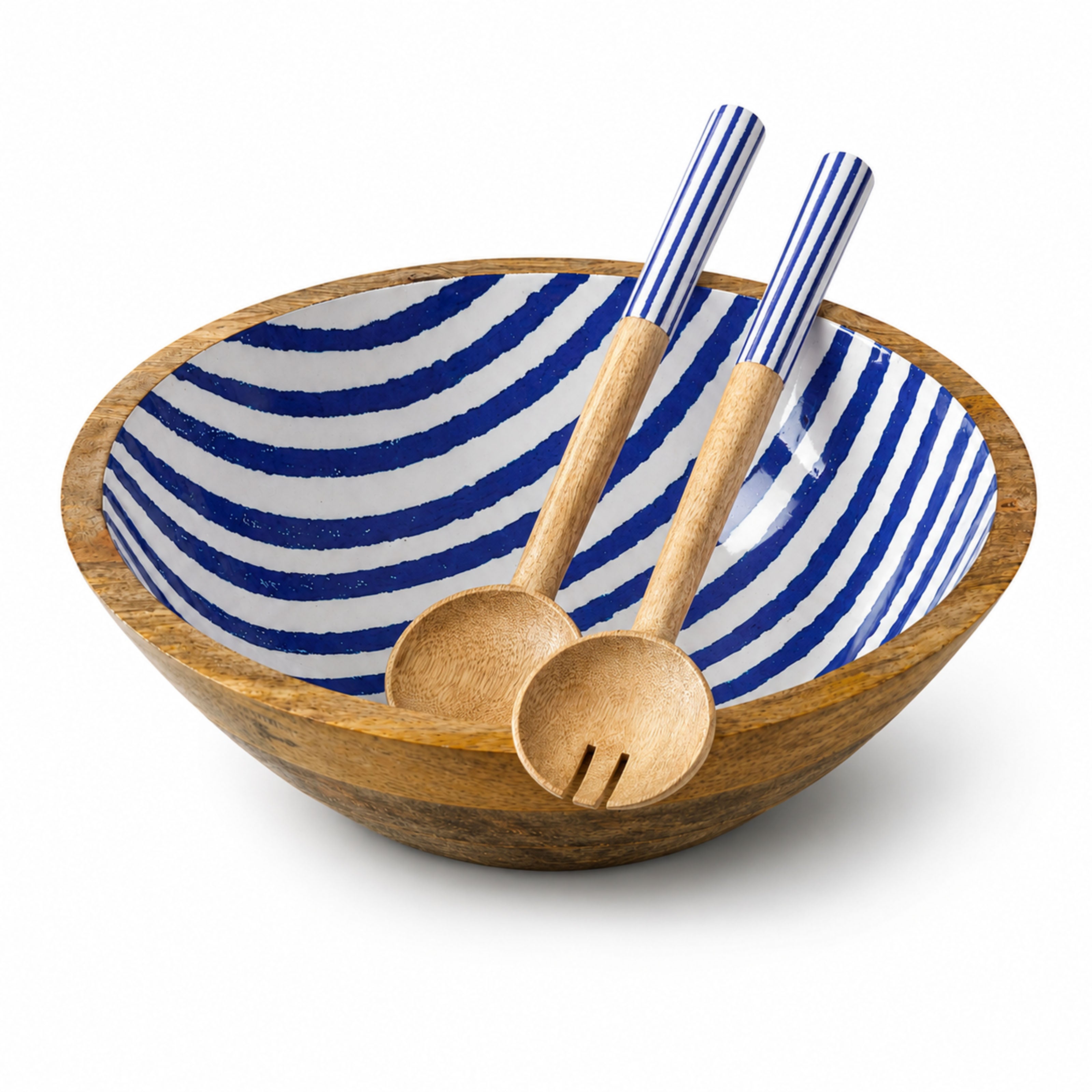 Mangoholz Schale mit Emaille-Muster für Salate & Dekoration - Streifen