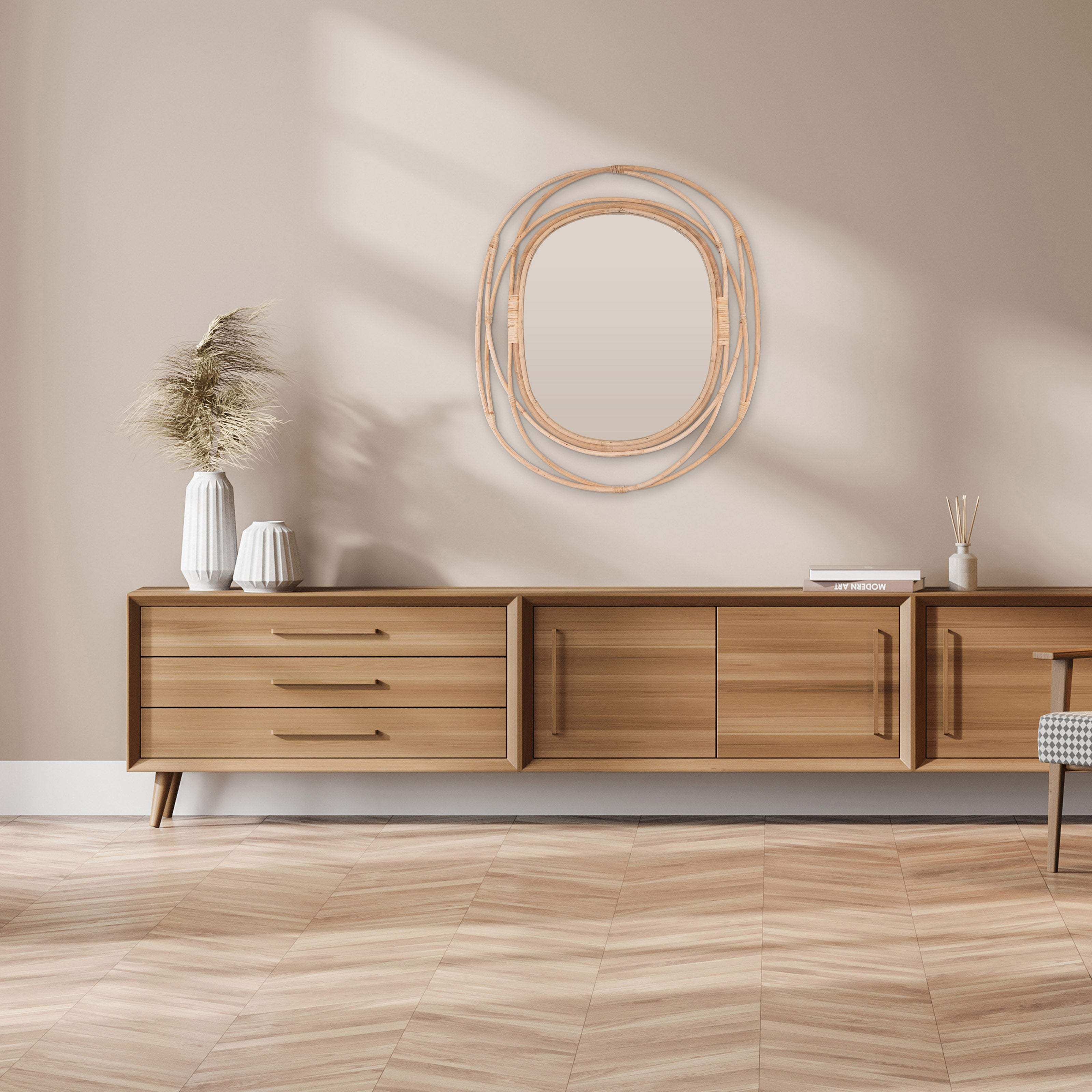 Rattan Spiegel im Boho Stil - natürliche Wanddekoration - Decorasian.eu