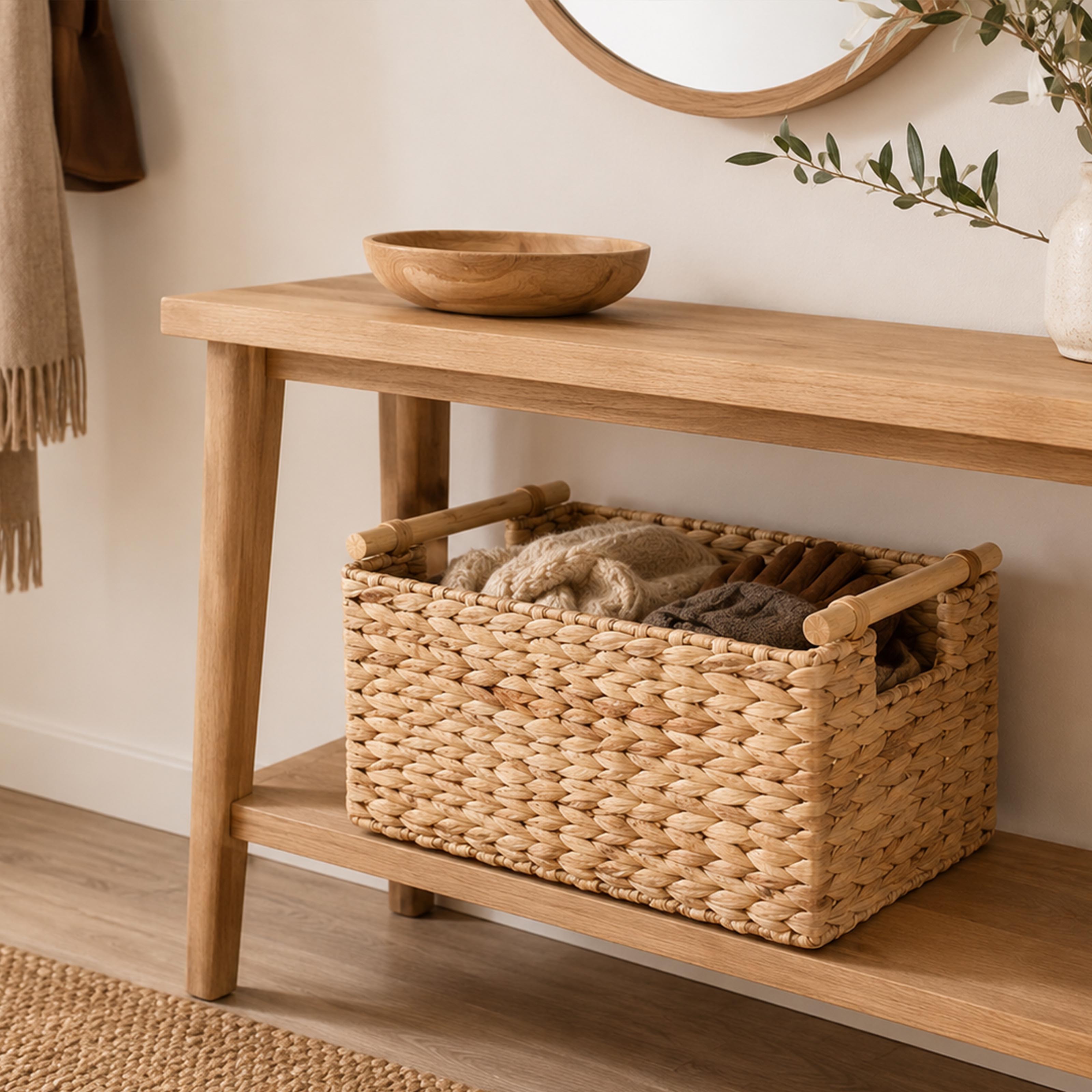 Woven water hyacinth basket with wooden handles