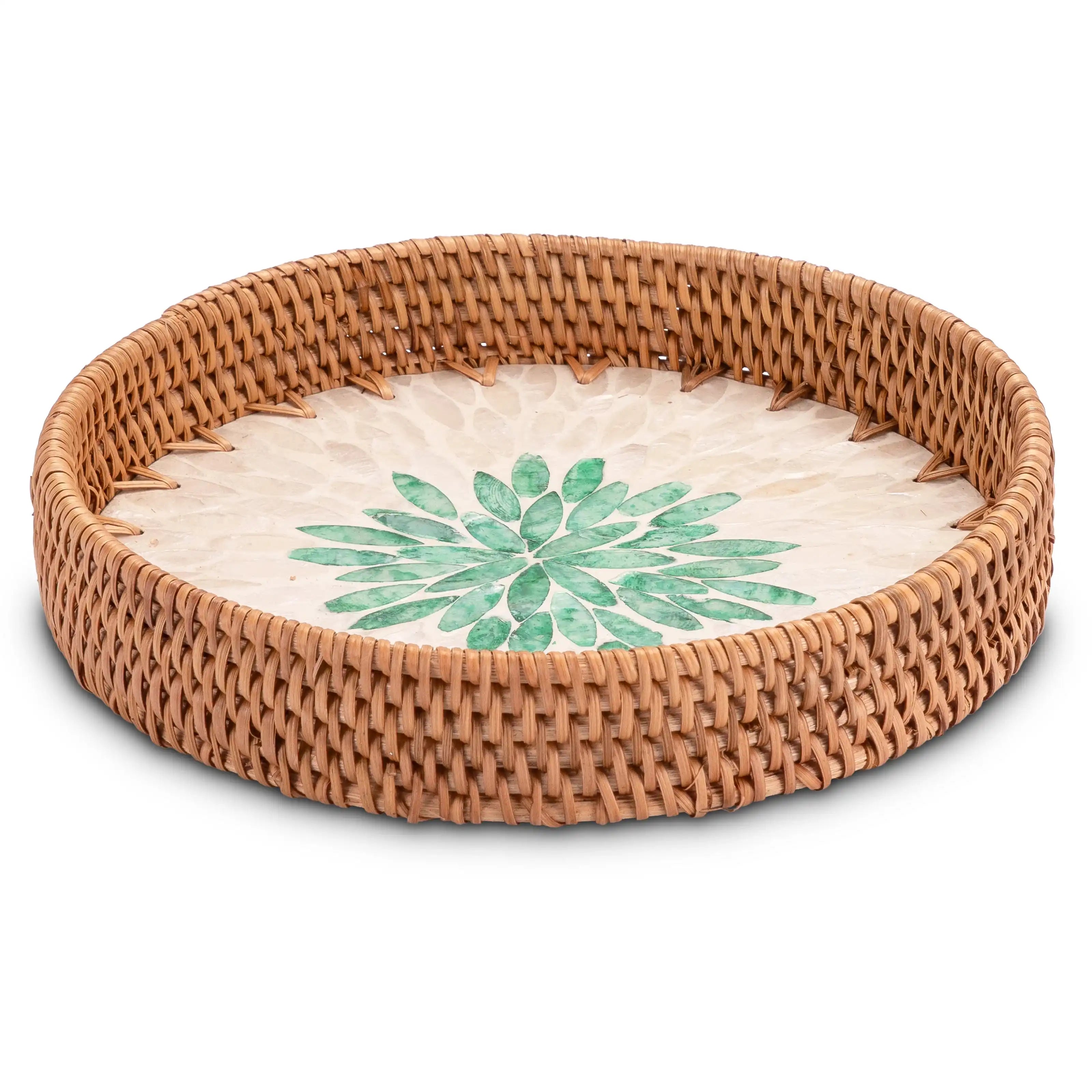 Decorasian Vintage Tablett aus Rattan mit Muschel Mosaik – Dekotablett und Serviertablett mit Griff im Boho Stil - Durchmesser 30cm + 25cm