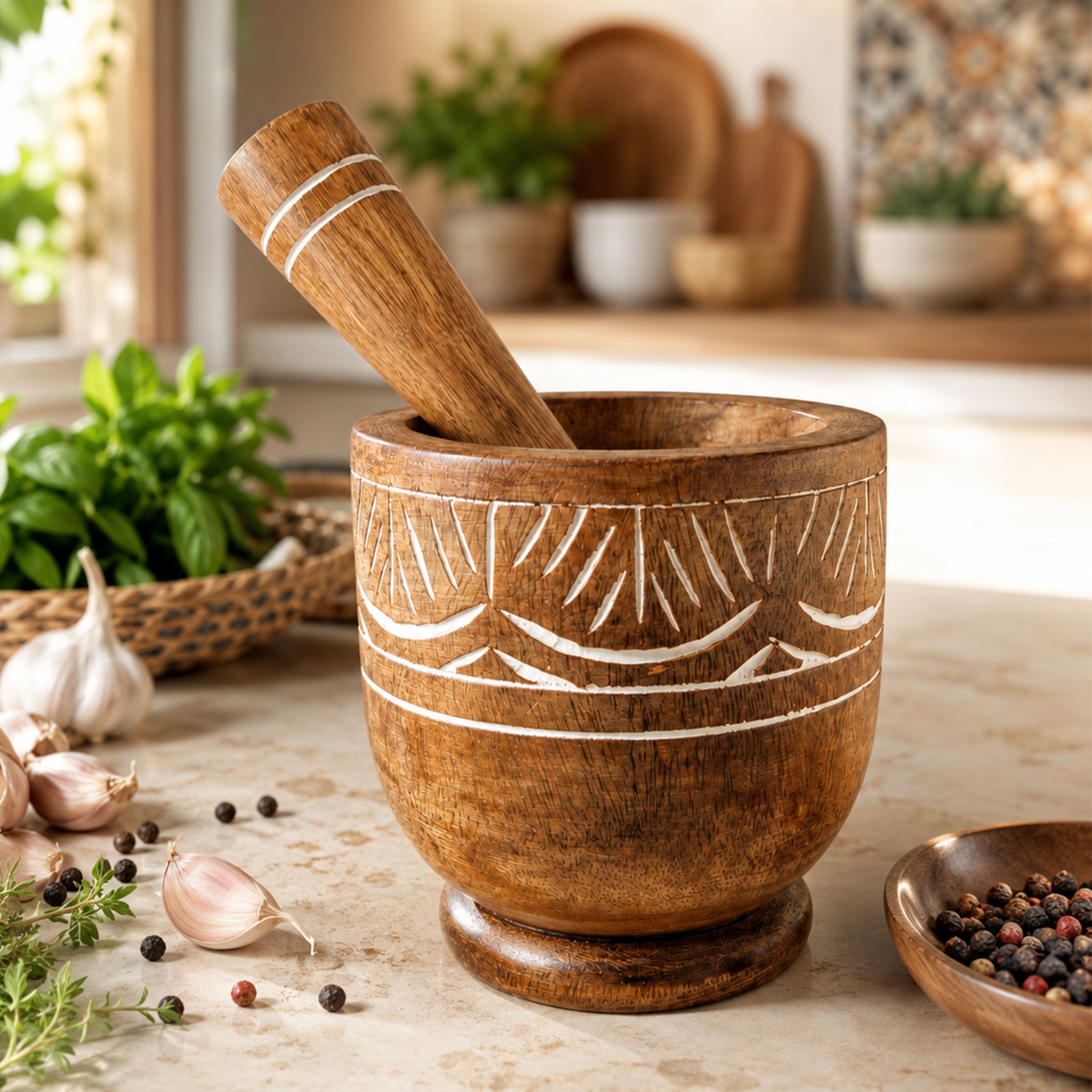 Exklusiver Mörser mit Stößel aus Mangoholz – Authentisches Design für deine Küche