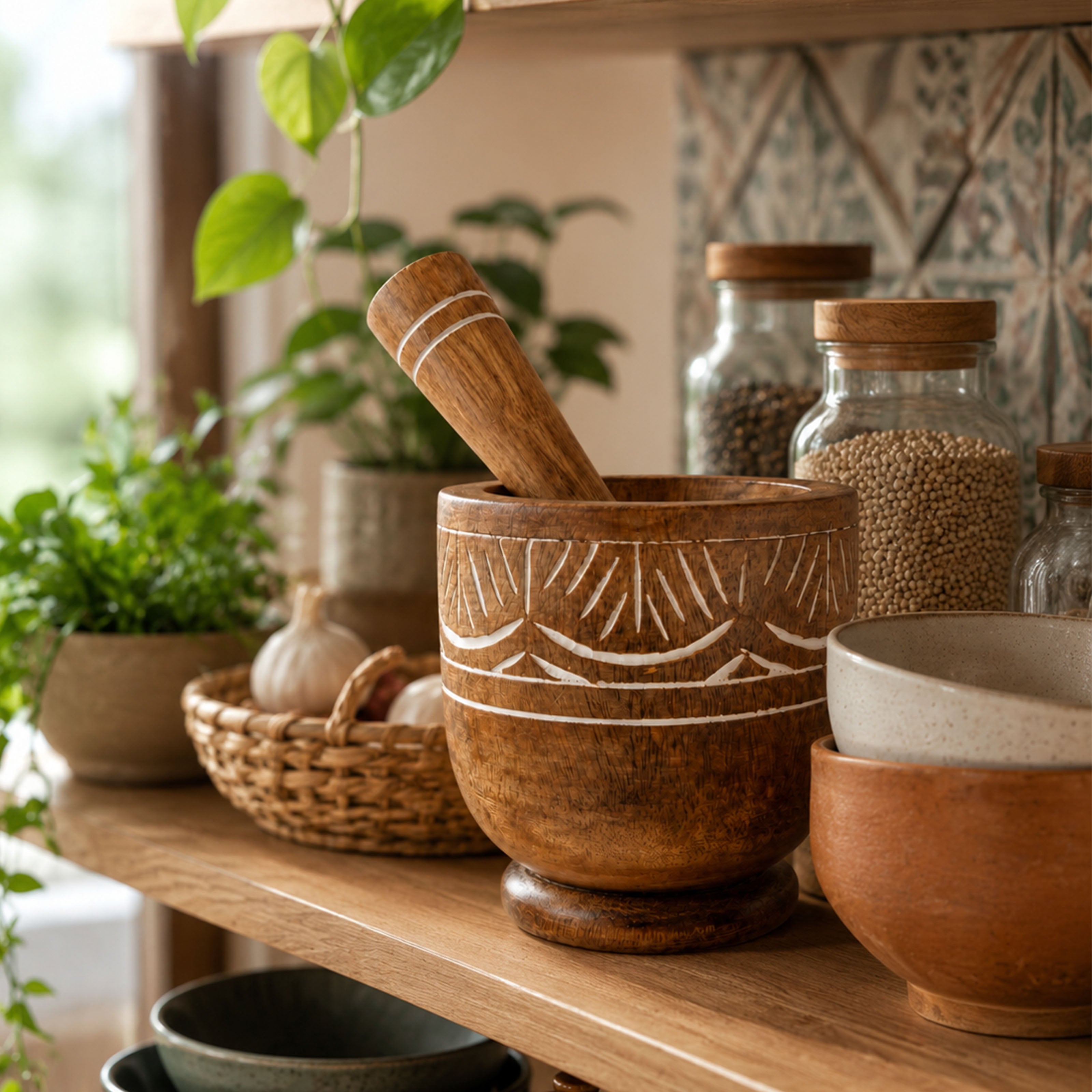 Exklusiver Mörser mit Stößel aus Mangoholz – Authentisches Design für deine Küche