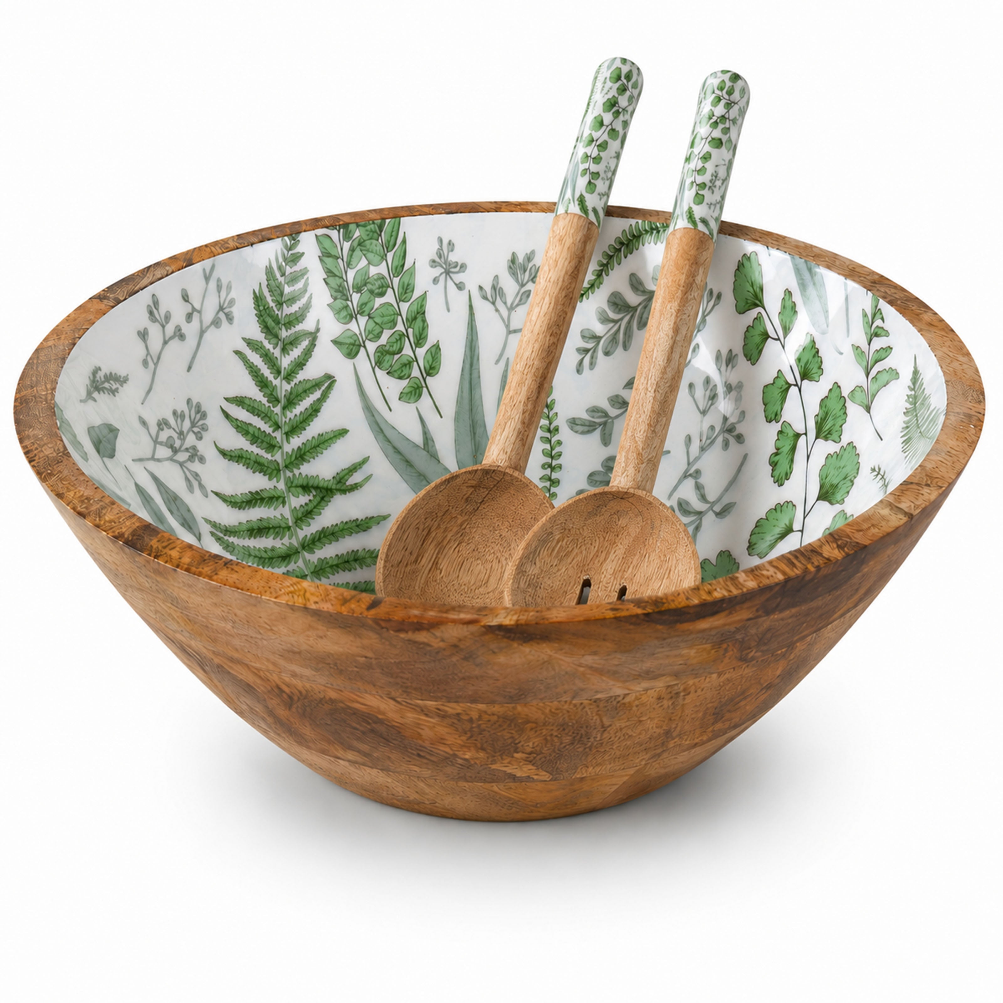 Mangoholz Schale mit Emaille-Muster für Salate & Dekoration - Blätter