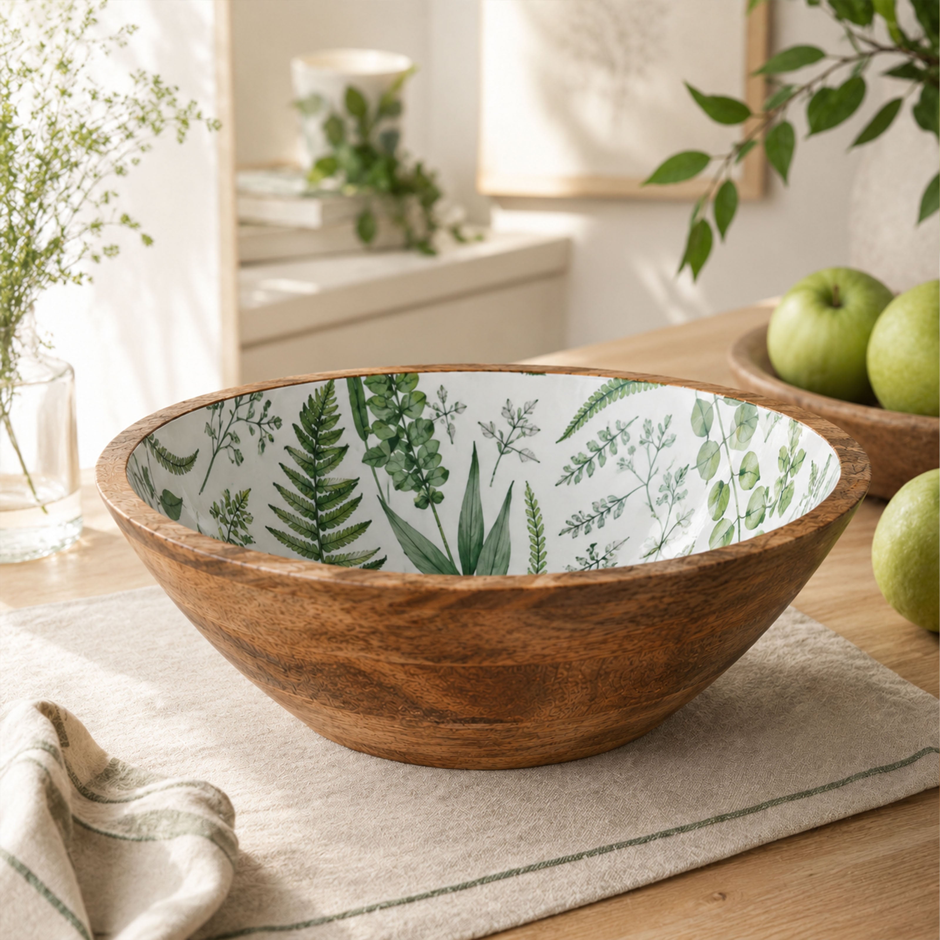 Mangoholz Schale mit Emaille-Muster für Salate & Dekoration - Blätter