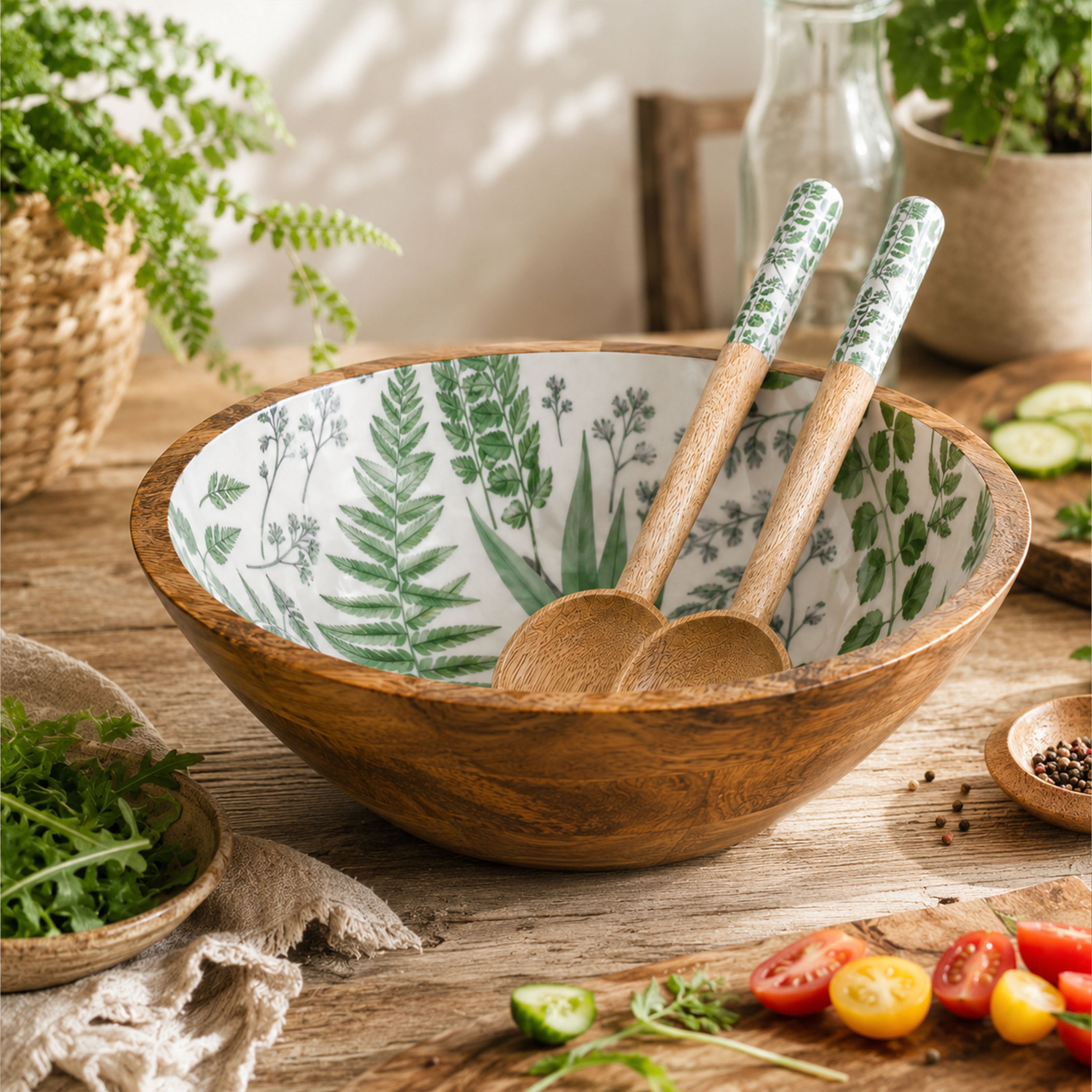Mangoholz Schale mit Emaille-Muster für Salate & Dekoration - Blätter