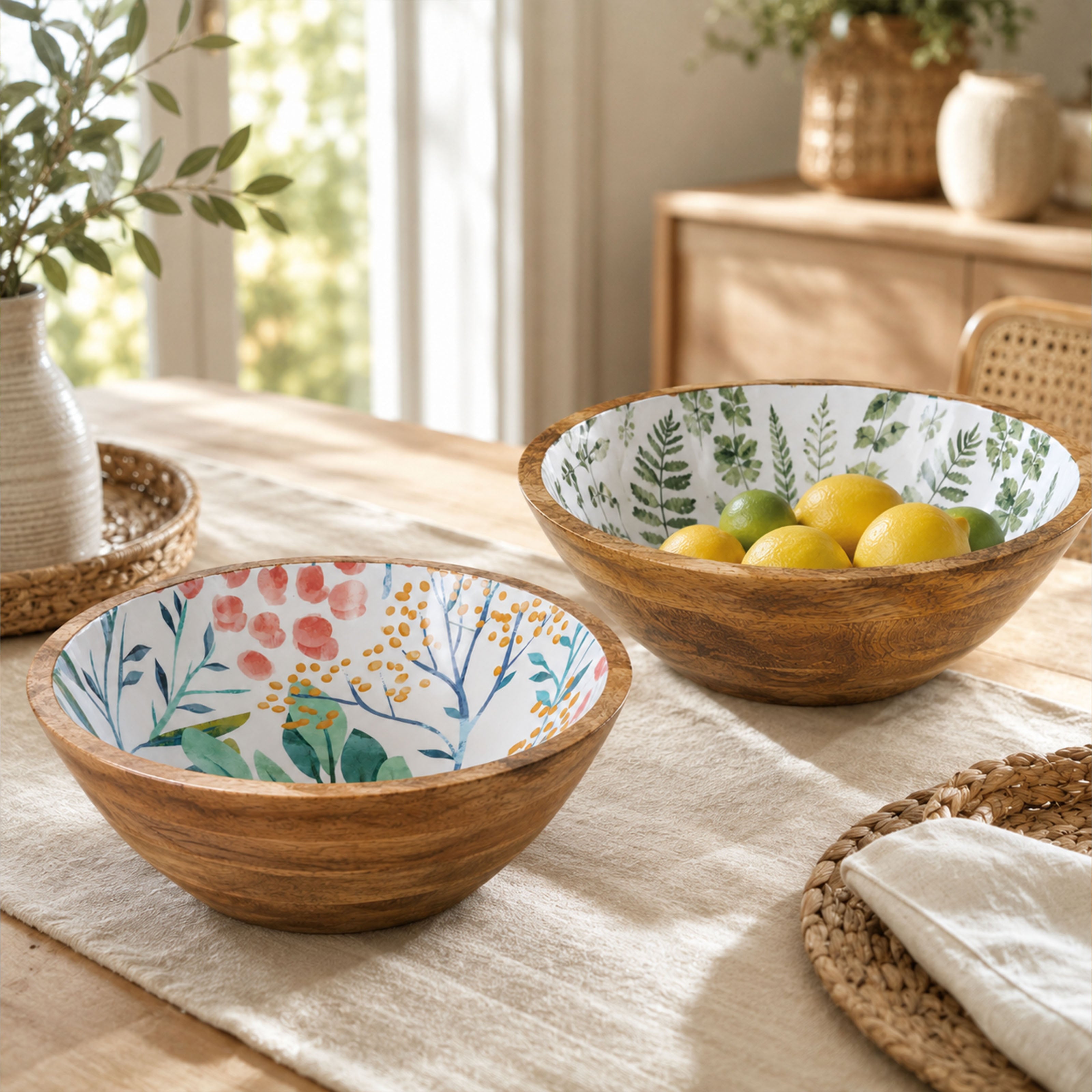 Mangoholz Schale mit Emaille-Muster für Salate & Dekoration - Blätter