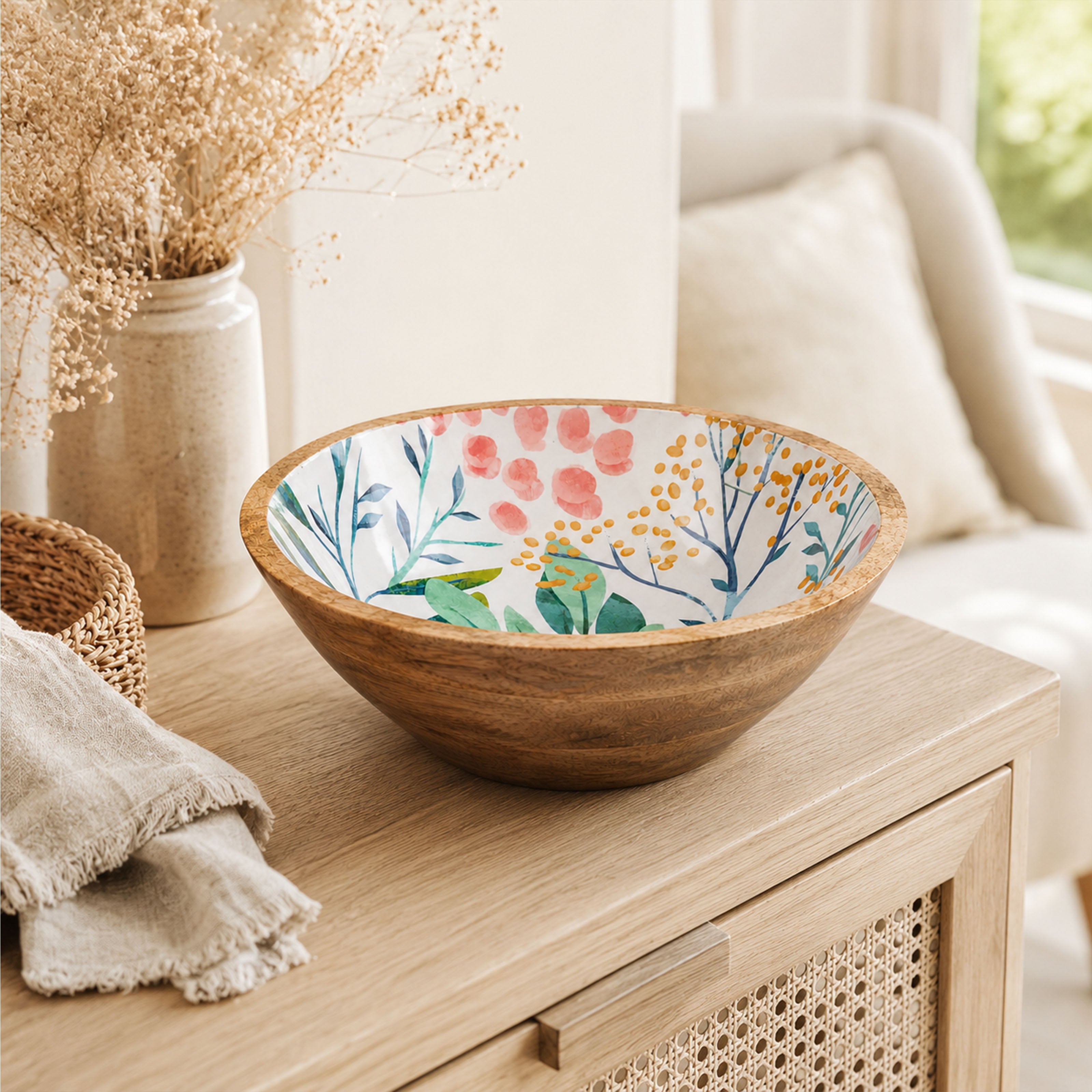 Mangoholz Schale mit Emaille-Muster für Salate & Dekoration - Blumenmuster