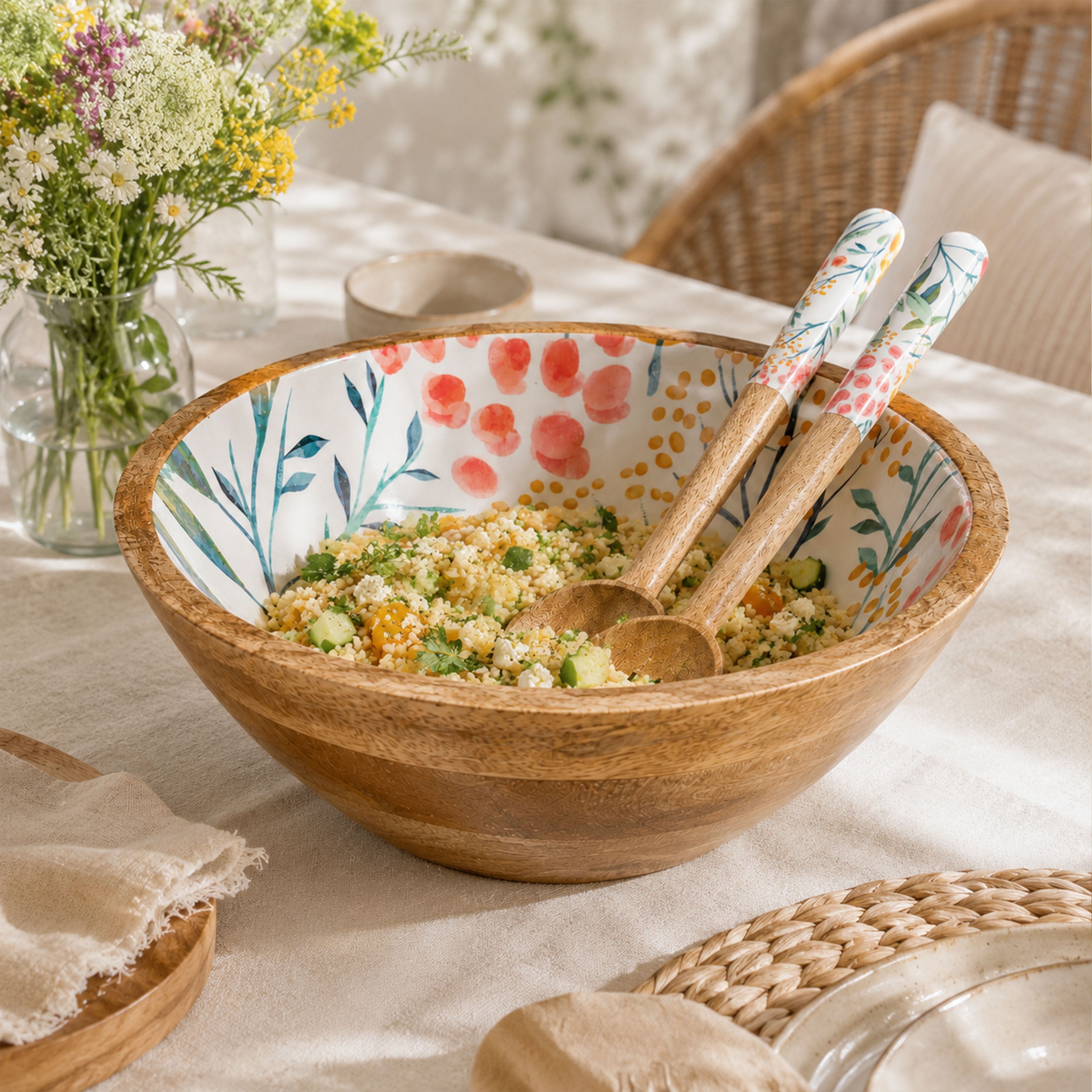 Mangoholz Schale mit Emaille-Muster für Salate & Dekoration - Blumenmuster