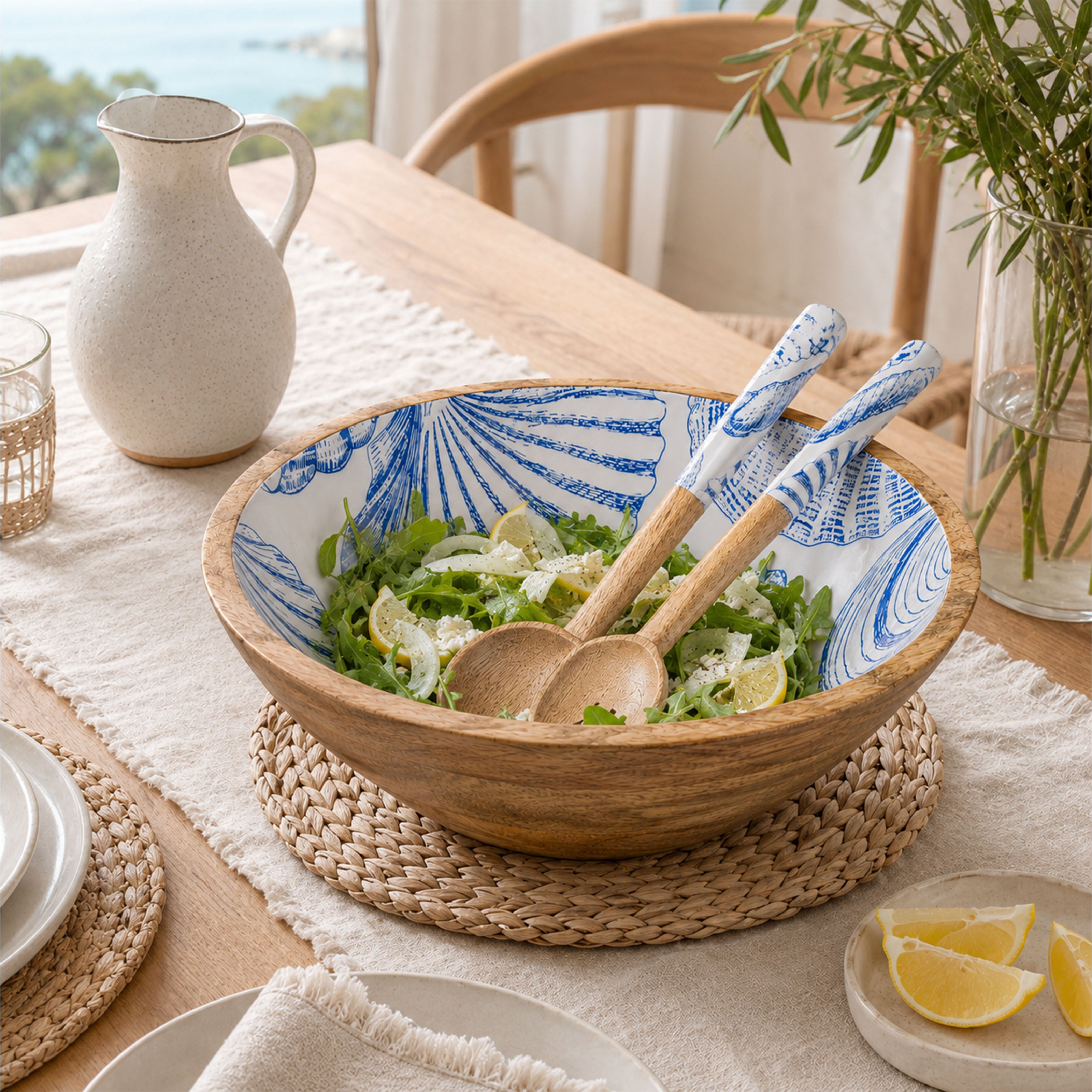 Mangoholz Schale mit Emaille-Muster für Salate & Dekoration - Muschel