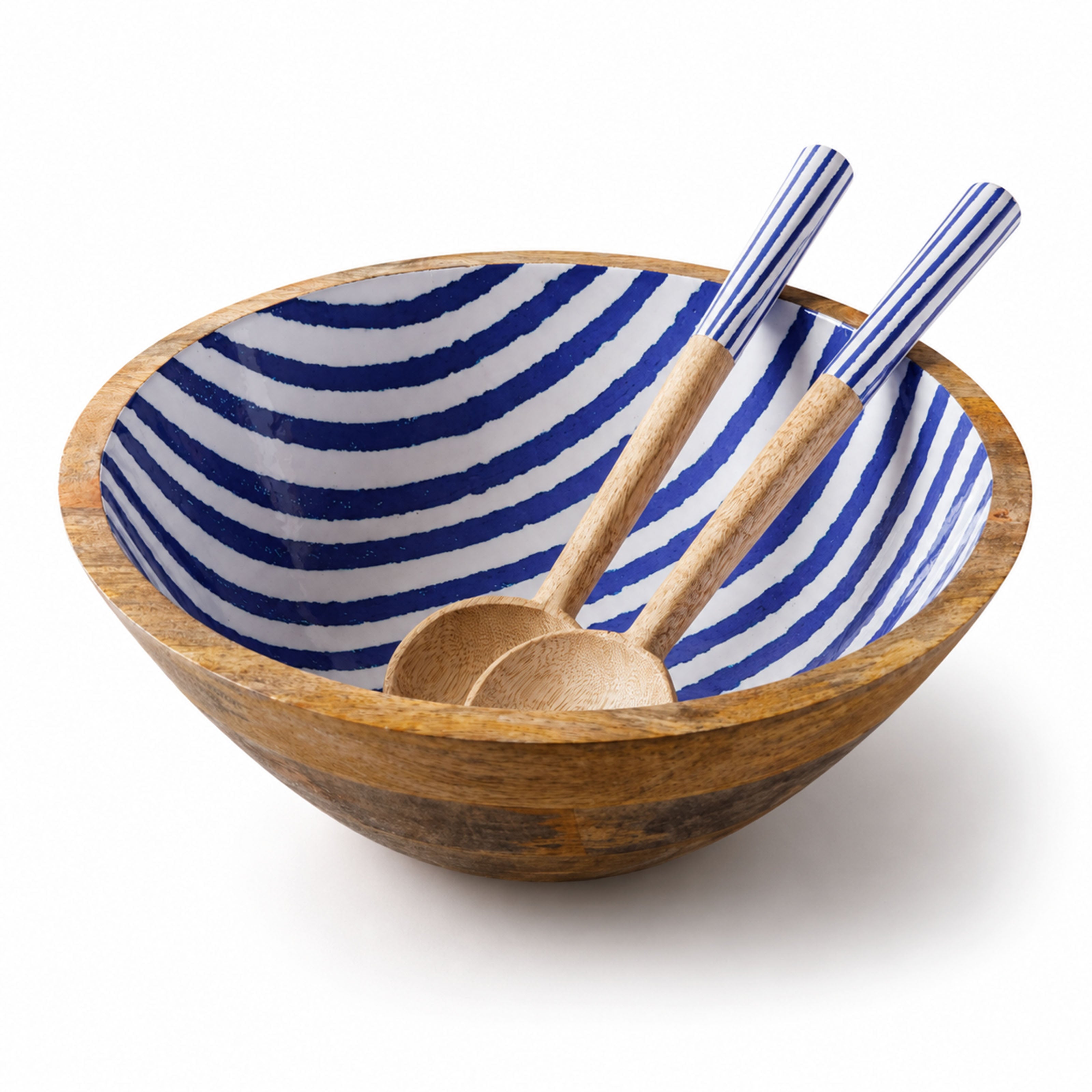 Mangoholz Schale mit Emaille-Muster für Salate & Dekoration - Streifen