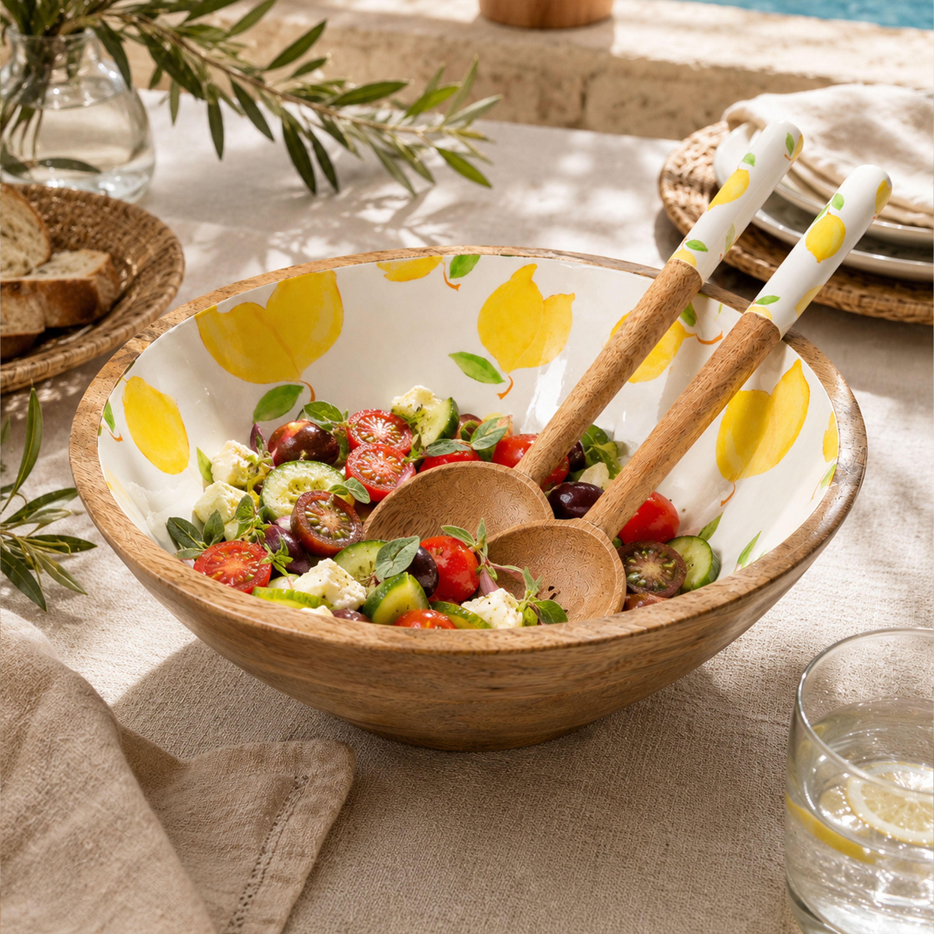 Mangoholz Schale mit Emaille-Muster für Salate & Dekoration - Zitrone