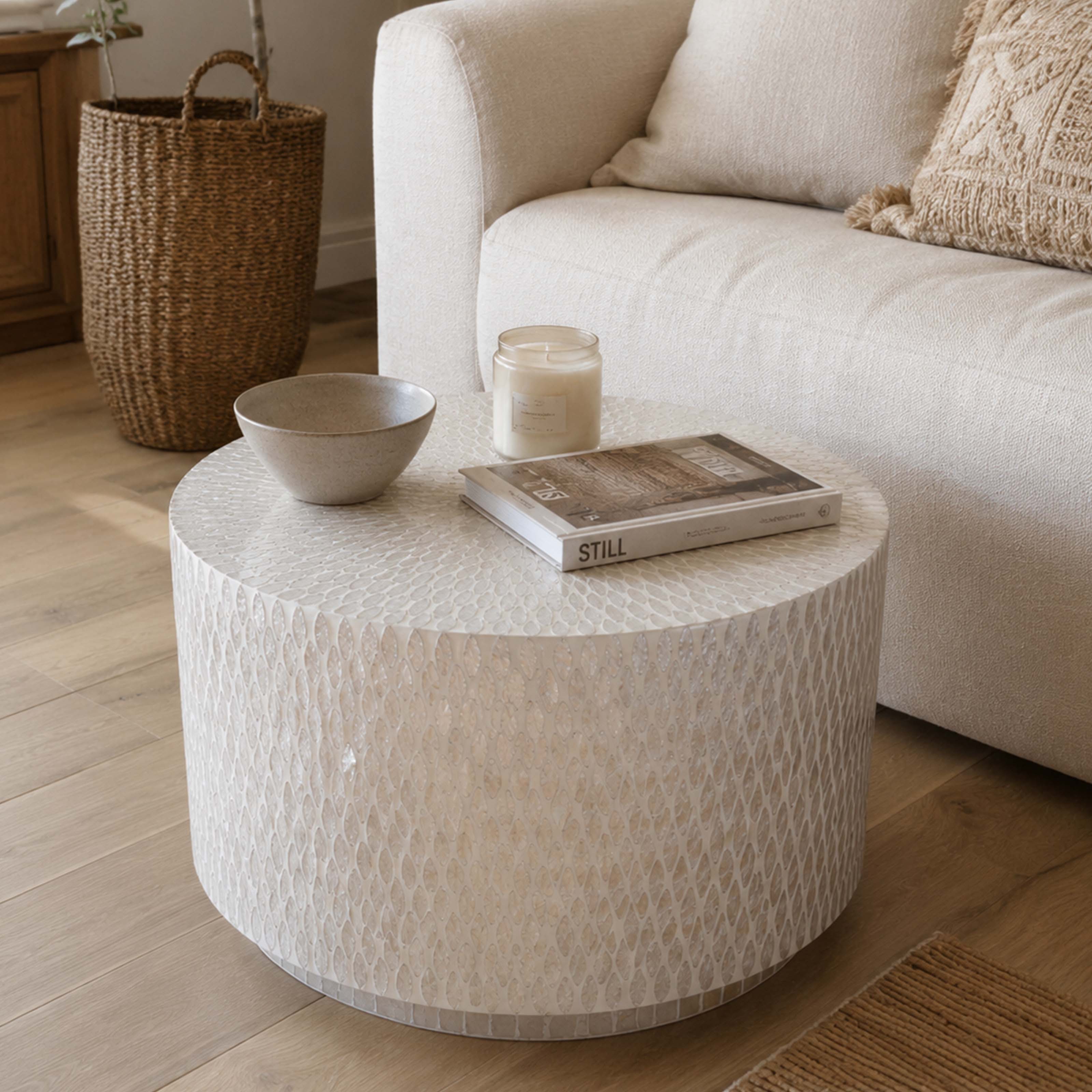 Exclusive Mother-of-Pearl Coffee Table 60cm – Handcrafted Mosaic Unique Piece for Your Stylish Living Room