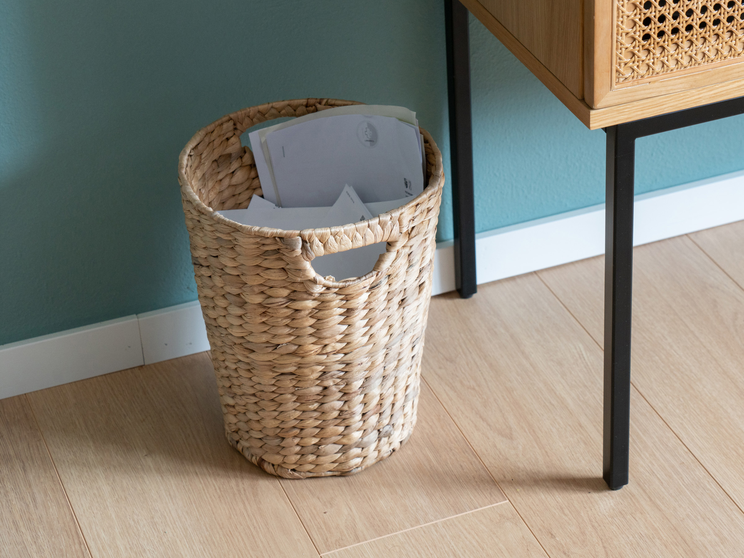 Water hyacinth woven wastebasket with handles